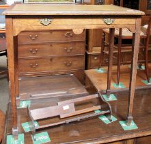 A Late 19th Century Oak Writing Table, with gilt-tooled green leather inset, single drawer, raised
