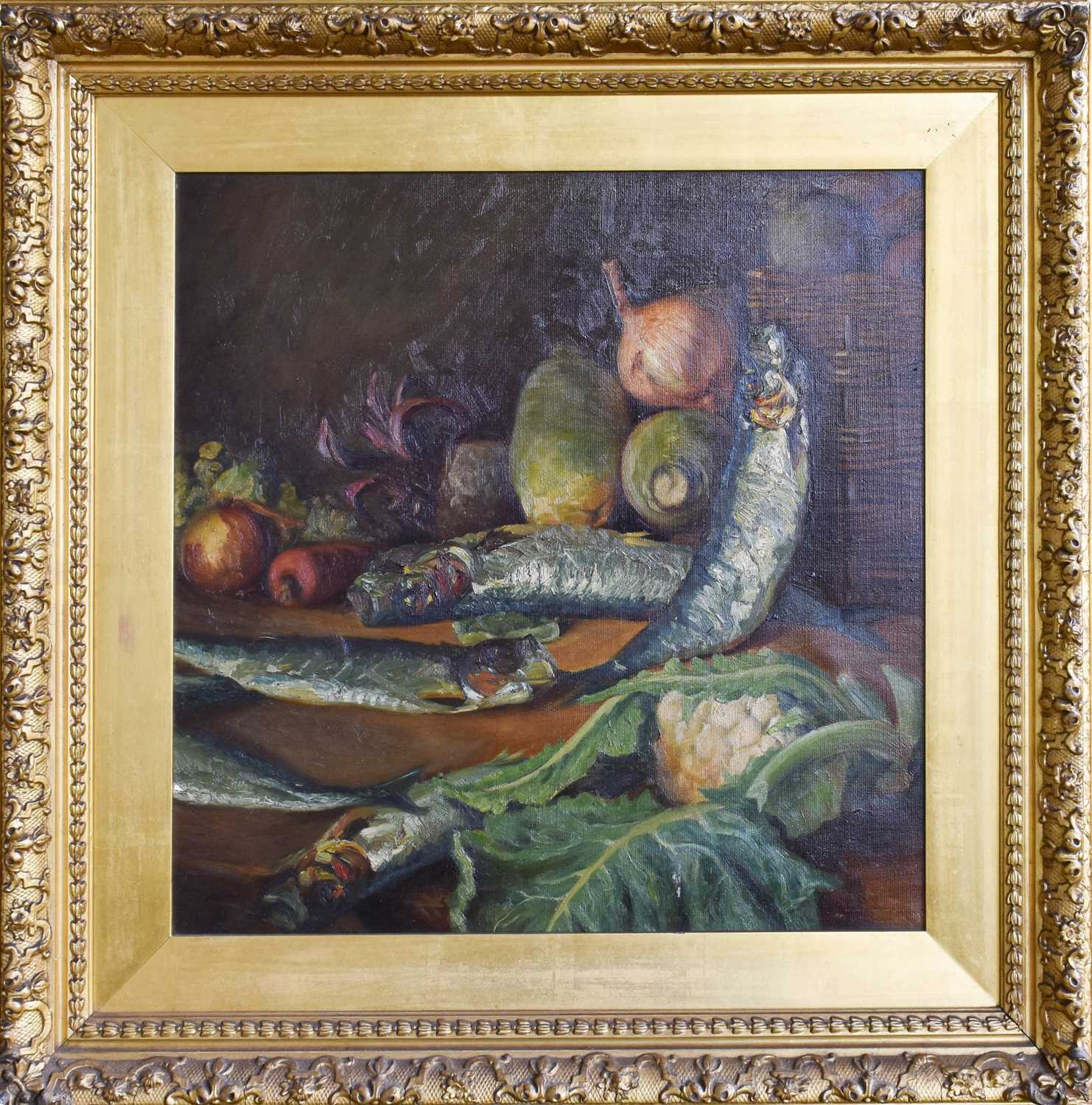 British School (19th Century) Still life study of fish and vegetables Oil on canvas, 46cm by 46cm; - Image 2 of 4
