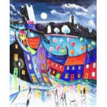 Gordon Maughan (Contemporary) Figures and dogs in a town at night Signed, acrylic on board, 50cm