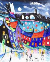 Gordon Maughan (Contemporary) Figures and dogs in a town at night Signed, acrylic on board, 50cm