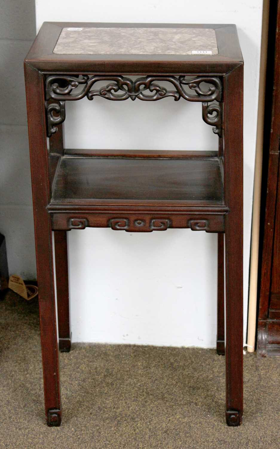 A Chinese Hardwood Two-Tier Stand, of rectangukar form with red & white marble inset, stylised