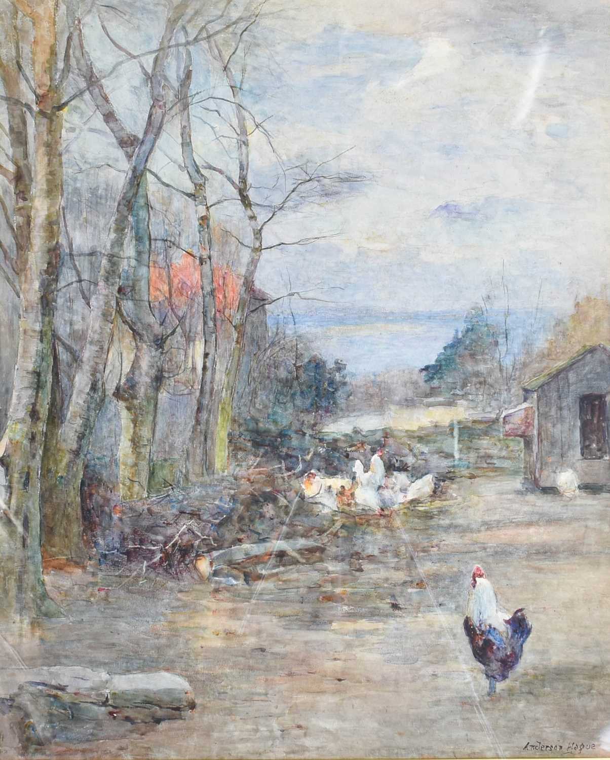 Joshua Anderson Hague (1850-1916) Chickens in a yard Signed, watercolour, 59cm by 49cm
