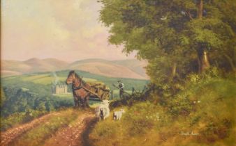 Donald Ayres (b.1936) Farmer with loaded haycart, with Drumlanrig Castle beyond Signed, dated 1989