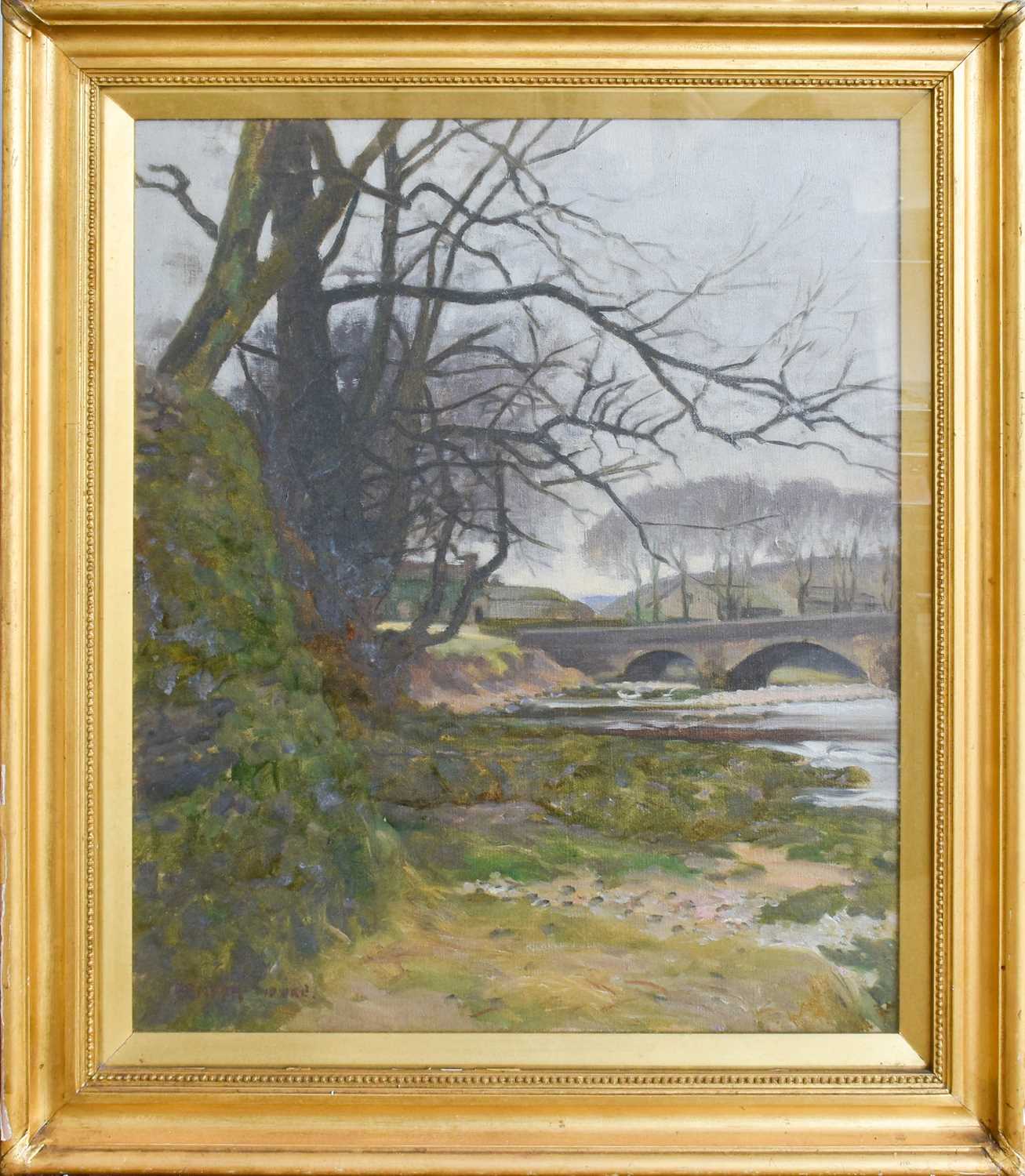 Ernest Moore (1865-1940) Bridge over Yorkshire river Signed, oil on canvas, 59.5cm by 49cm - Image 2 of 2