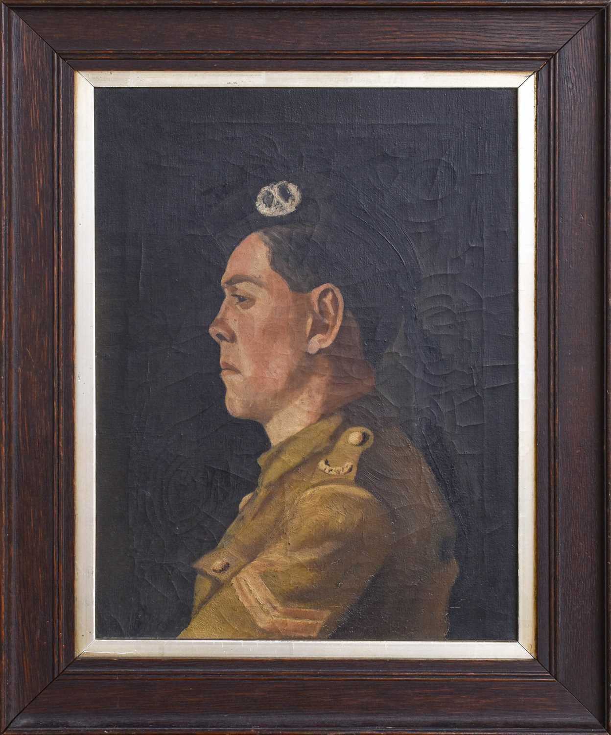 British School (20th Century) Portrait of a soldier in profile Oil on canvas, 39.5cm by 29.5cm - Image 2 of 2