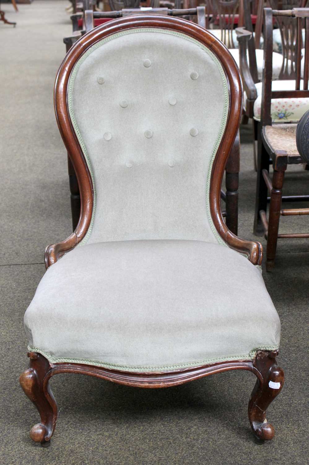 A Victorian Mahogany Spoon Back Nursing Chair, with button upholstery and scroll supports - Image 2 of 2