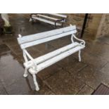 Victorian White-Painted Wooden Slatted Garden Bench, with naturalistic wrought-iron ends, 151cm