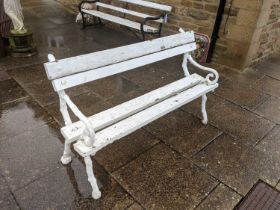 Victorian White-Painted Wooden Slatted Garden Bench, with naturalistic wrought-iron ends, 151cm