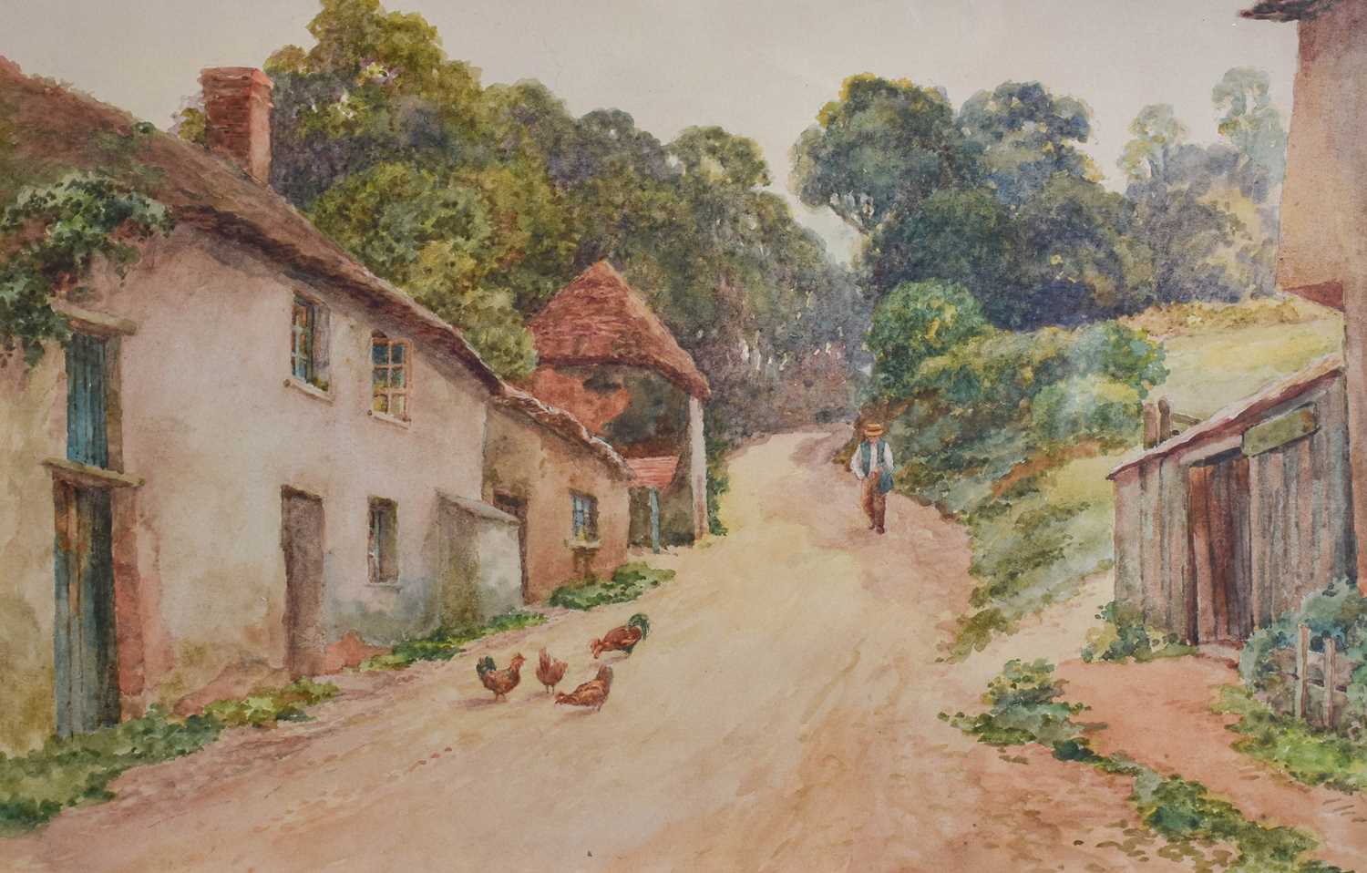 Circle of Tom Clough (1867-1943) A man strolling along a village lane Watercolour, 32.5cm by 50.5cm