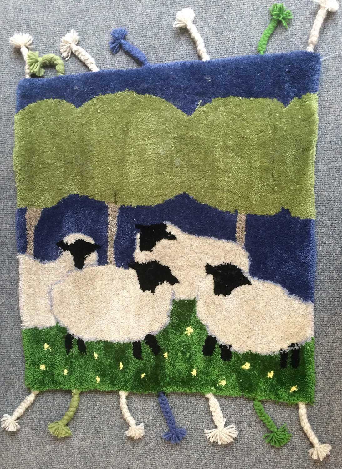 Handmade Jane Dobinson "Bramble & Bumble" Rug, the field depicting sheep grazing in a meadow beneath - Image 8 of 8