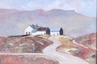 B.M.Wonbwell (20th Century) White painted cottages in a mountinous landscape Signed, oil on