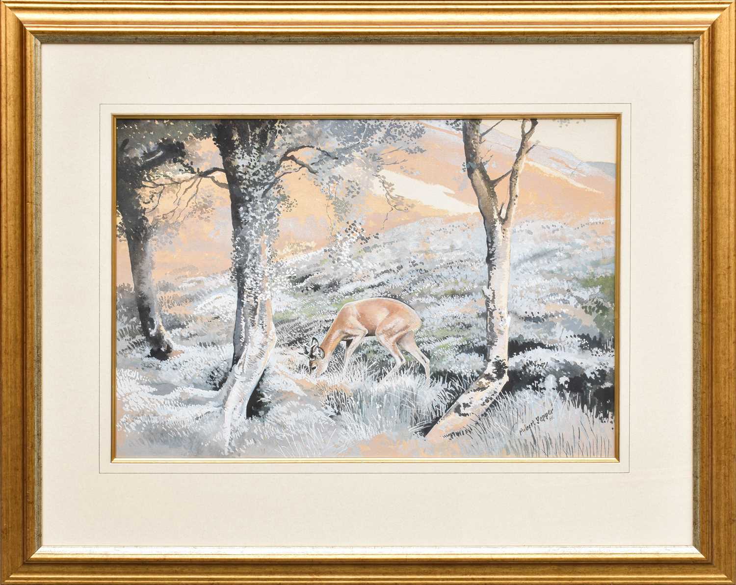 Hubert Pepper (1928-1985) Grazing deer in a woodland landscape Signed and dated (19)65, watercolour, - Image 2 of 4