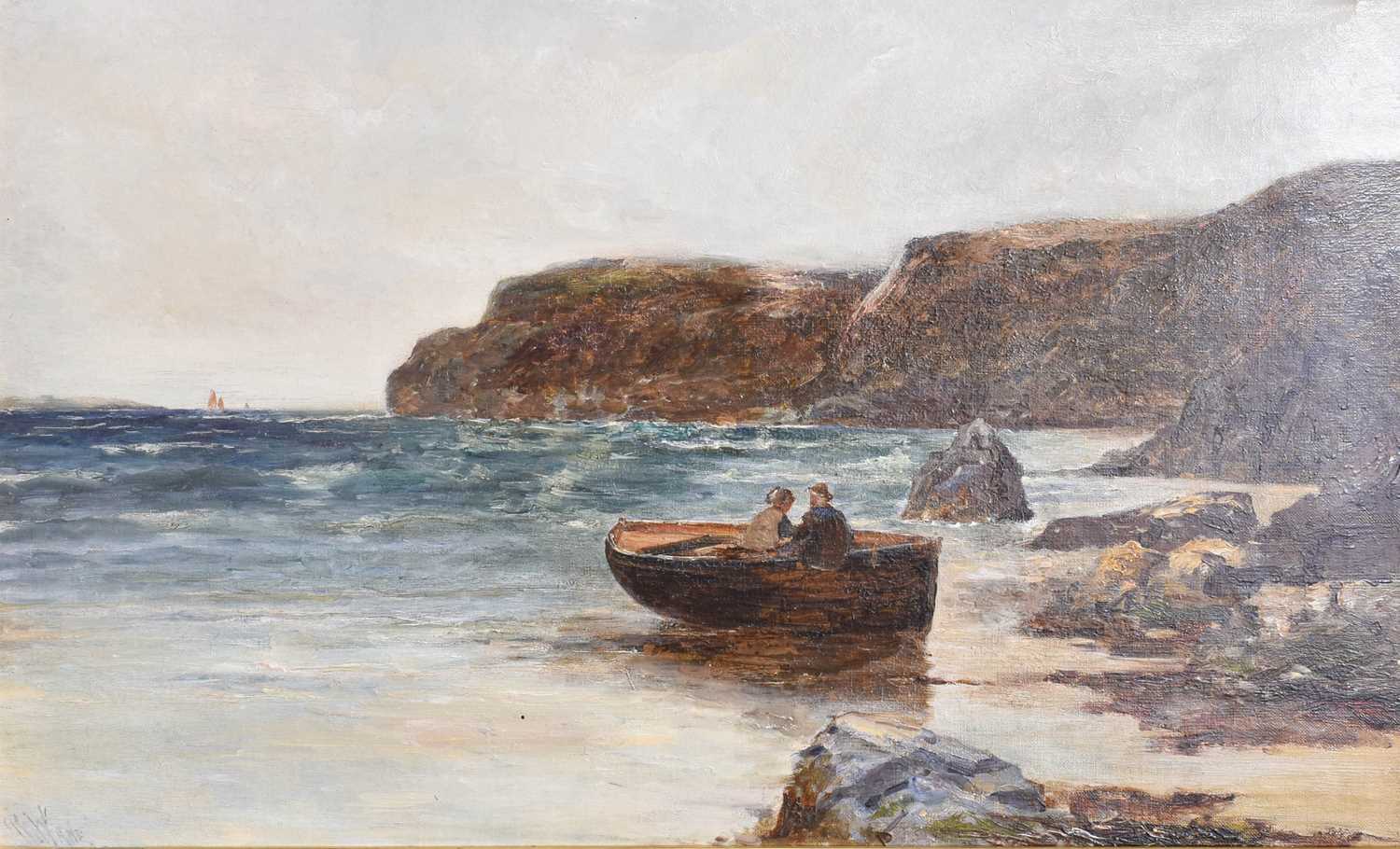Richard Wane (1852-1904) Figures in a fishing boat on a rocky shoreline Signed, oil on canvas, 38.