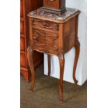 A French Marble Top Kingwood Pot Cupboard, with single drawer and on shell carved scroll supports,