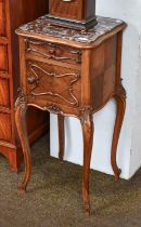 A French Marble Top Kingwood Pot Cupboard, with single drawer and on shell carved scroll supports,