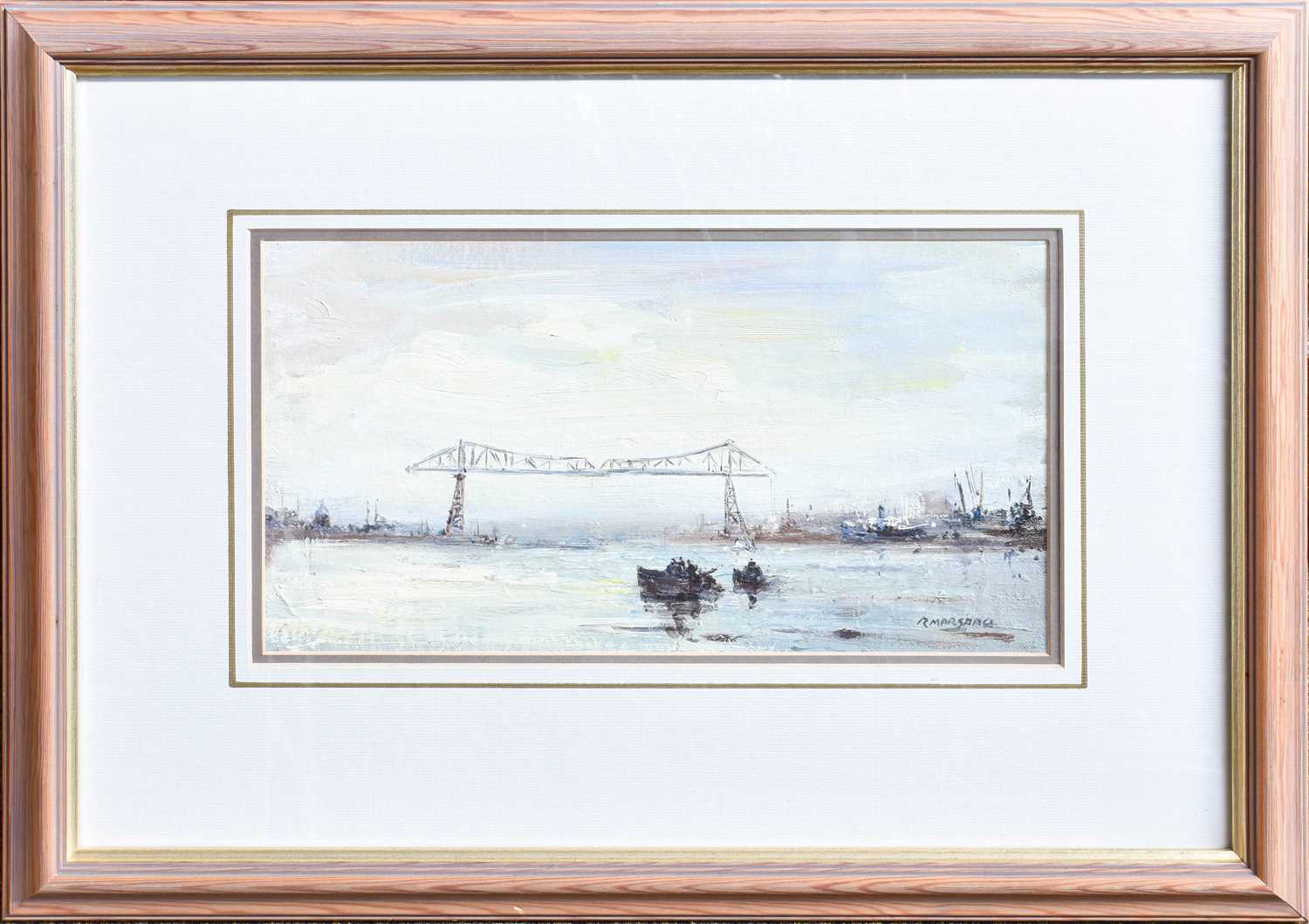 Richard W Marshall (1944-2006) Transporter Bridge M'Bro Signed, oil on board, 18cm by 32.5cm - Image 2 of 2