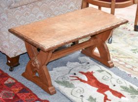 J.B. Waines Yorkshire Oak Coffee Table, with adzed top, X-form stretchers and carved with a rose,