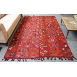 Marsh Arab Iraqi Flat Weave Carpet, the field with two panels of diamond medallions, figures and