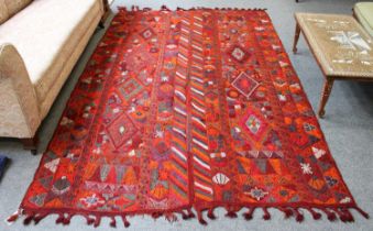 Marsh Arab Iraqi Flat Weave Carpet, the field with two panels of diamond medallions, figures and