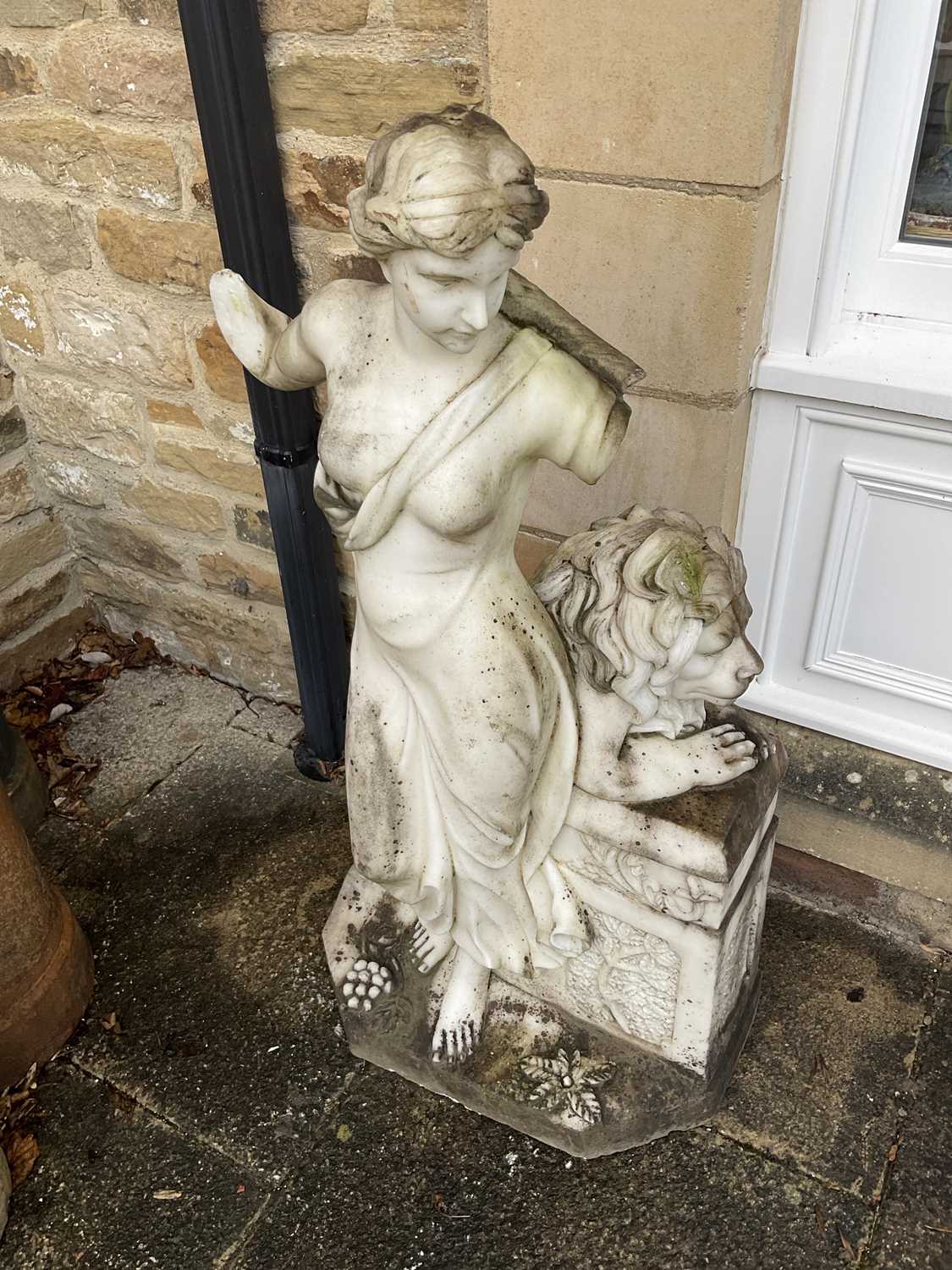 A Carved Marble Sculpture "Una and the Lion", 19th century, stood contrapposto before a square - Image 3 of 6