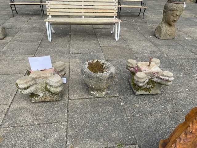 A Pair of Carved Stone Capitals, 19th century, of quatrefoil shape, 44cm square, 34cm high to pin,