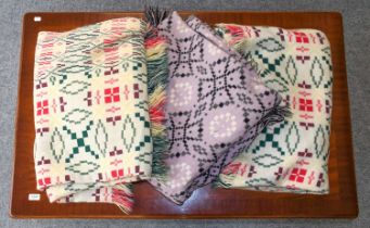 Pair of Welsh Blankets in cream, green and pink, 150cm by 216cm, Another in mauve, black and
