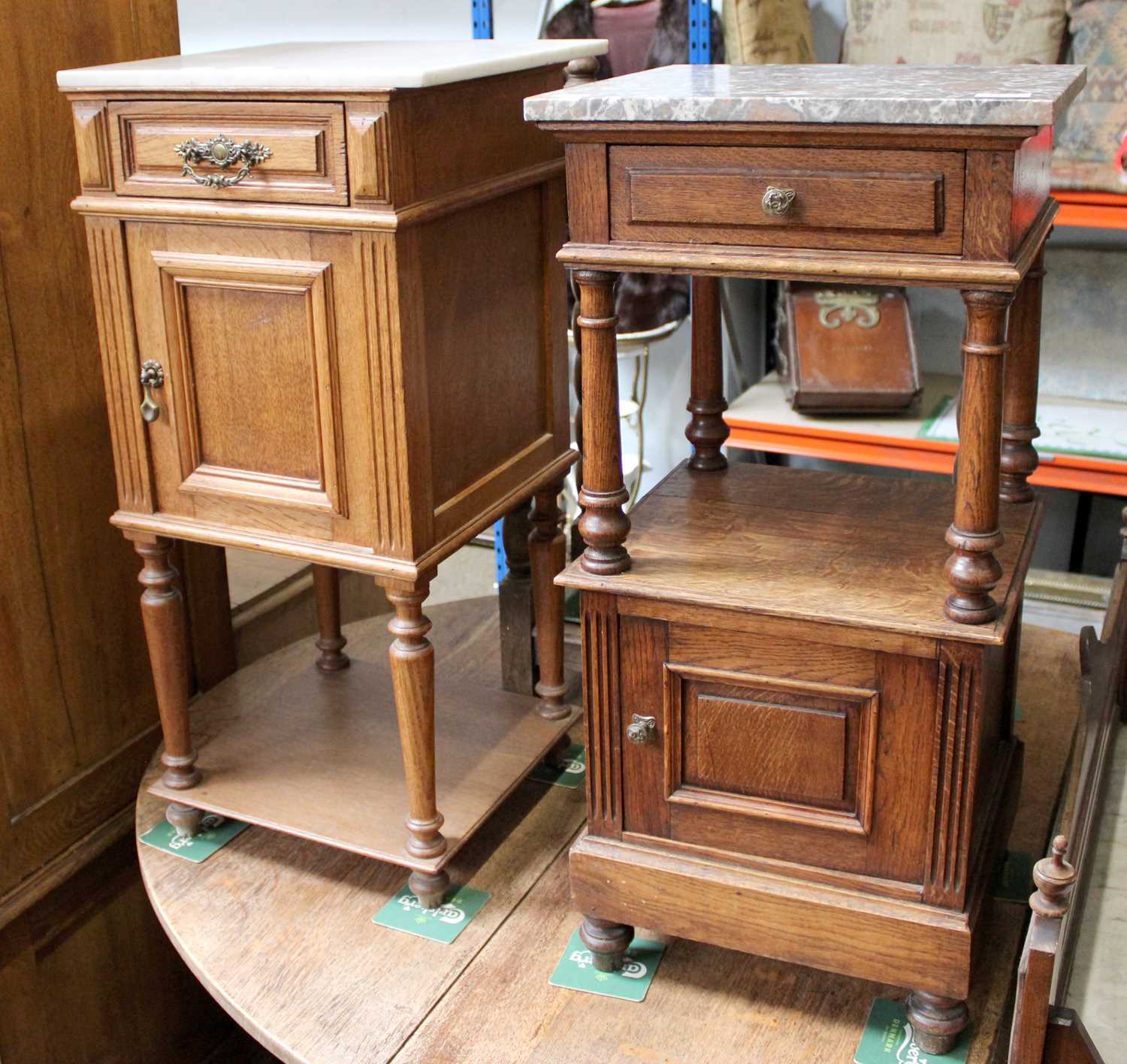 An Early 20th Century Oak & White Marble-Topped Bedside Cabinet, single drawer and cupbaord on - Image 2 of 3