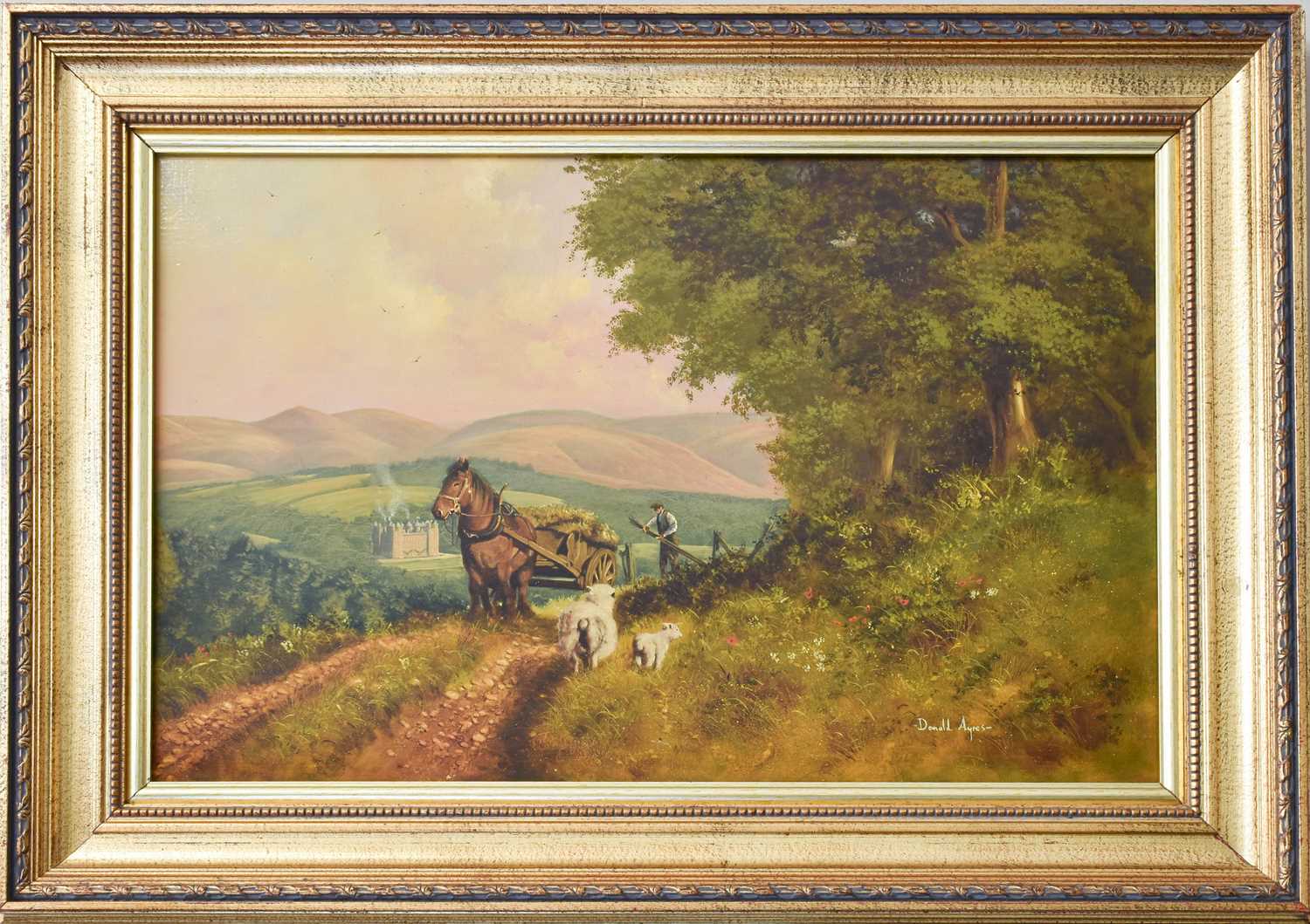 Donald Ayres (b.1936) Farmer with loaded haycart, with Drumlanrig Castle beyond Signed, dated 1989 - Image 2 of 3
