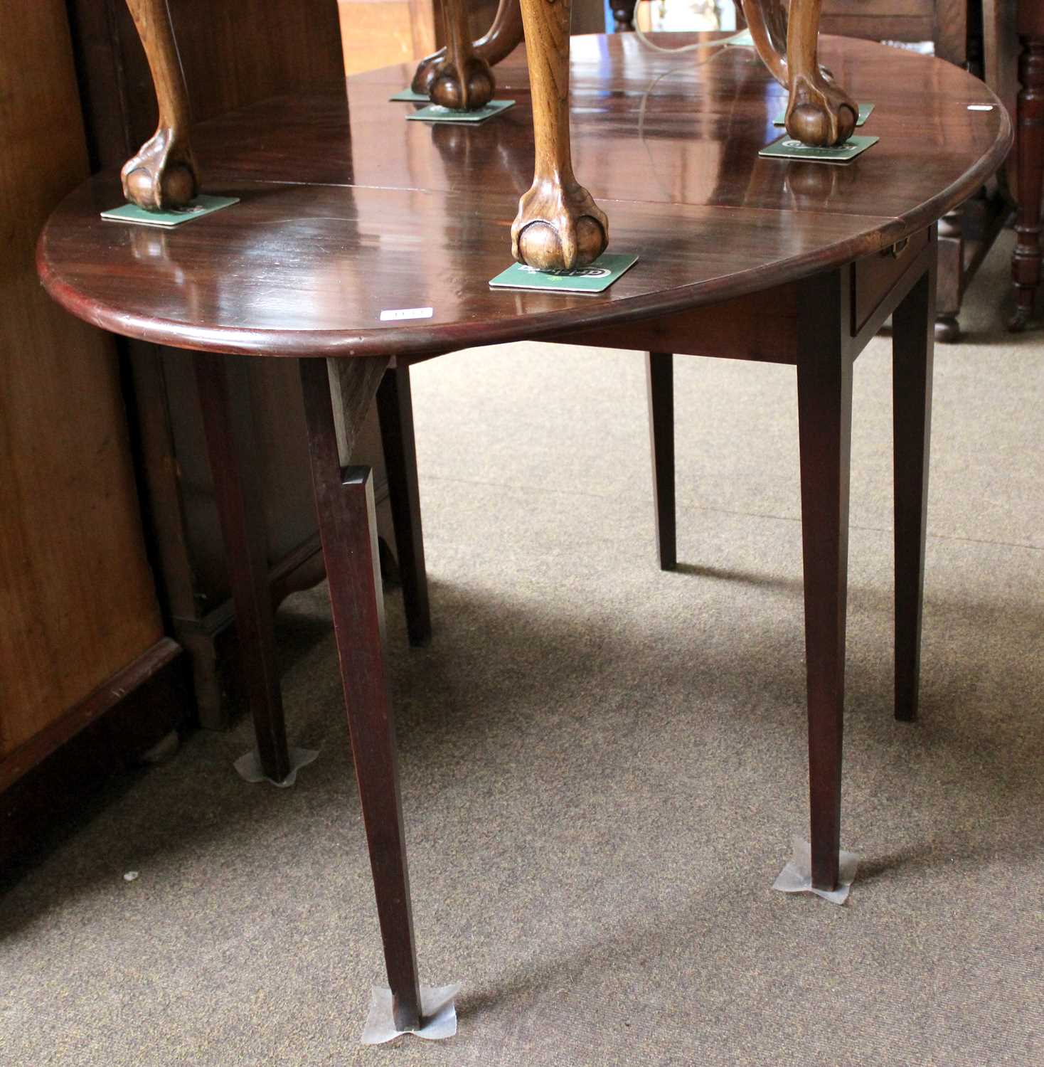 A George III Mahogany Drop Leaf Table, oval top, single drawer, square tapered legs, 75cm by - Image 3 of 3