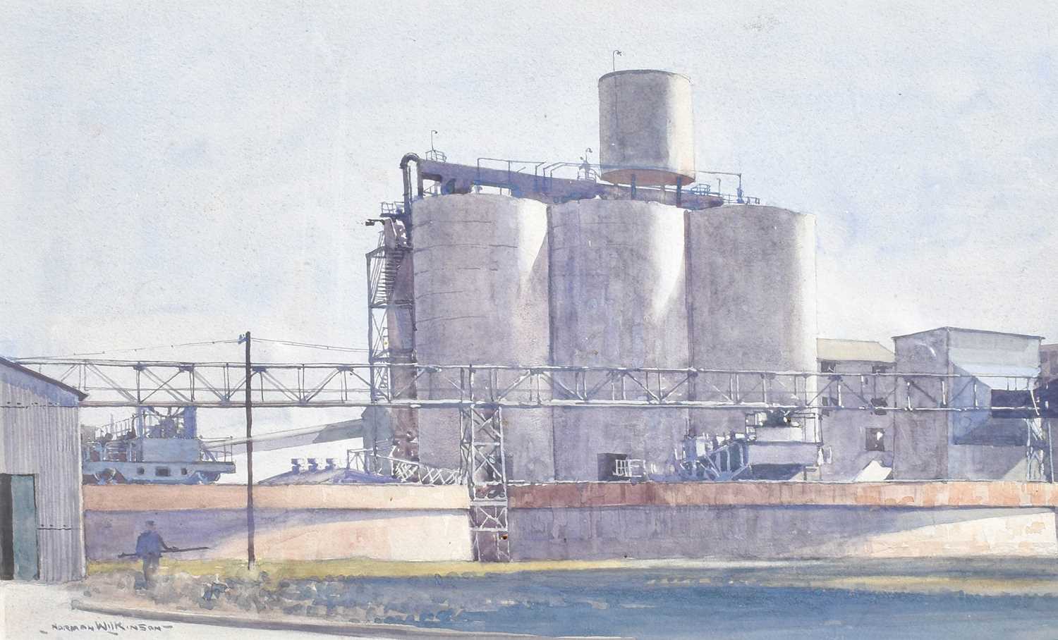 Norman Wilkinson CBE, PRI, ROI, RSMA, HRWS (1878-1971) Workman before a plant Watercolour, 34cm by - Image 3 of 3