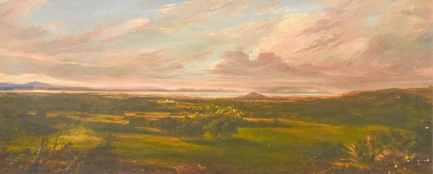 British School (20th Century) Extensive coastal landscape Oil on canvas, 39cm by 95cm