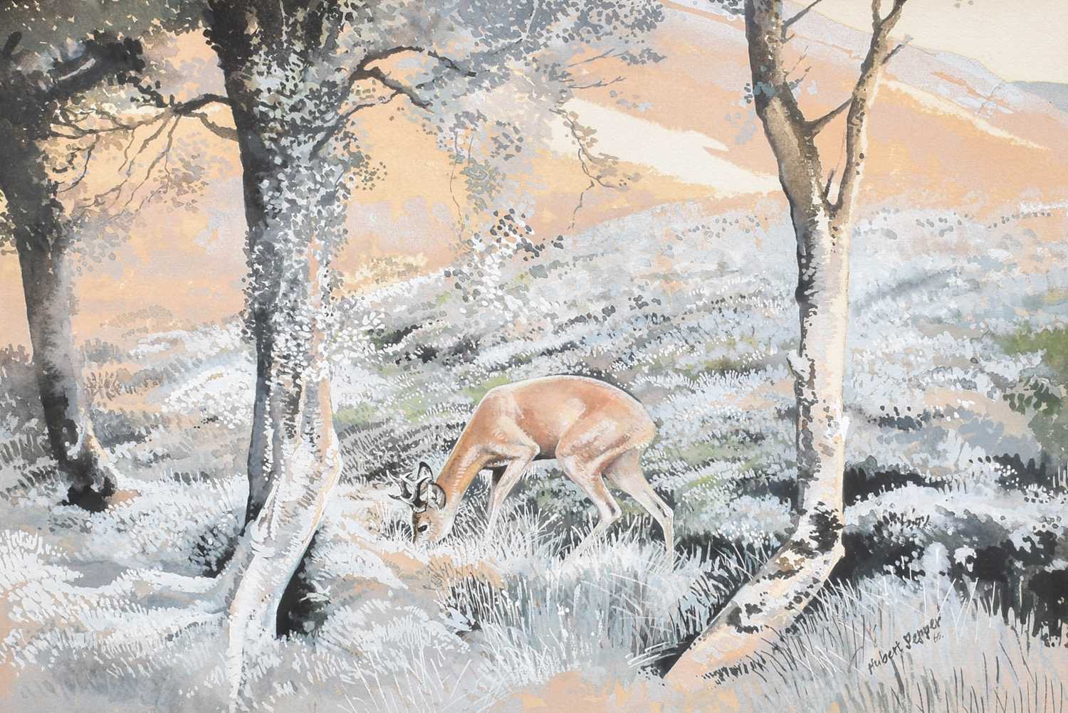Hubert Pepper (1928-1985) Grazing deer in a woodland landscape Signed and dated (19)65, watercolour,