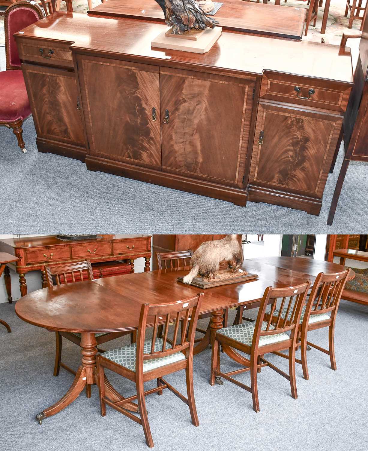 A 19th Century Mahogany Triple Pillar Dining Table, and six mahogany dining chairs, together with