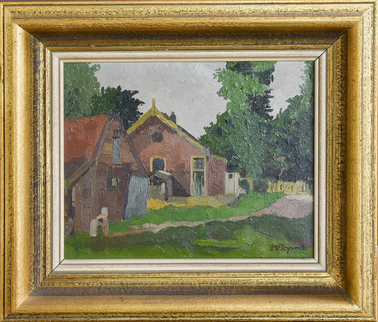 P* W* Byvoet Rendered buildings in a rural landscape Signed, oil on canvas, 23cm by 29cm - Image 2 of 2