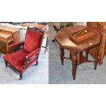 Victorian Low Open Armchair, with carved mahogany frame, together with an octagonal plant table