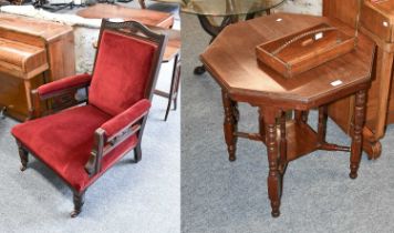 Victorian Low Open Armchair, with carved mahogany frame, together with an octagonal plant table