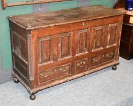 An 18th Century Oak Mule Chest, the hinged lid over a panelled front, with three drawers flanked
