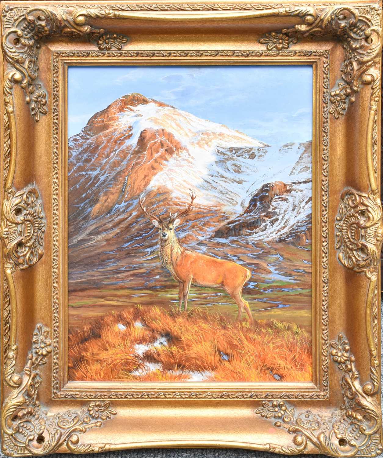 Elizabeth Halstead (20th Century) Majestic Red Stag in a Highland landscape Signed, oil on board, - Image 2 of 2