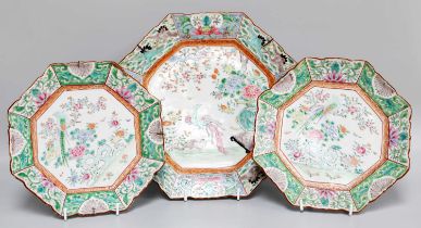 A Garniture of Three Japanese Porcelain Octagonal Dishes, largest 29cm diameter
