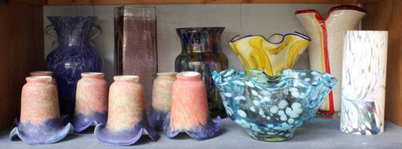 Coloured Glassware, including six mottled lamp shades, vases etc