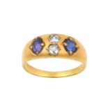 A Sapphire and Diamond Four Stone Ring, the oval cut sapphires spaced by two old cut diamonds, in