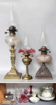 Three Oil Lamps, Doulton Burslem Kelmscot Pattern jug and bowl set, inkwell, stag desk stand,