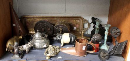 A Shelf of Ornamental Items, including a copper conical ale muller, a copper boot shaped ale muller,