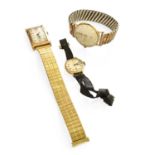 An Art Deco 9 carat gold rectangular wristwatch, A lady’s 9 carat gold revue wristwatch and A plated