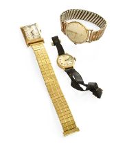 An Art Deco 9 carat gold rectangular wristwatch, A lady’s 9 carat gold revue wristwatch and A plated