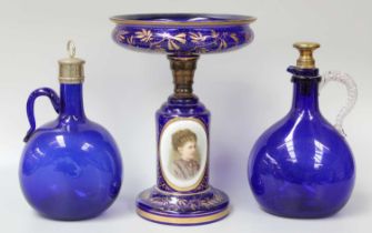 A Bohemian Bristol Blue Glass Tazza, late 19th century, decorated with a portrait and gilded