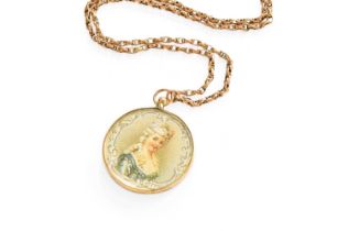 A 9 Carat Gold Locket/Pendant on Chain, the double sided glazed locket on a fancy link chain,