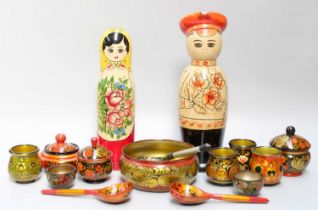 A Group of 20th century Russian Lacquered Objects Including, lidded bowl, cups, 'Khokhloma'