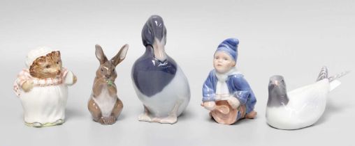 Four Royal Copenhagen Models, "bird seagull", "duck", "drummer boy" and "rabbit", and a Beswick "