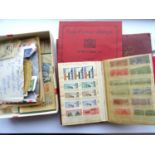 Vintage Stamp Accumulation, a schoolboy album along with a small chocoloate box crammed with